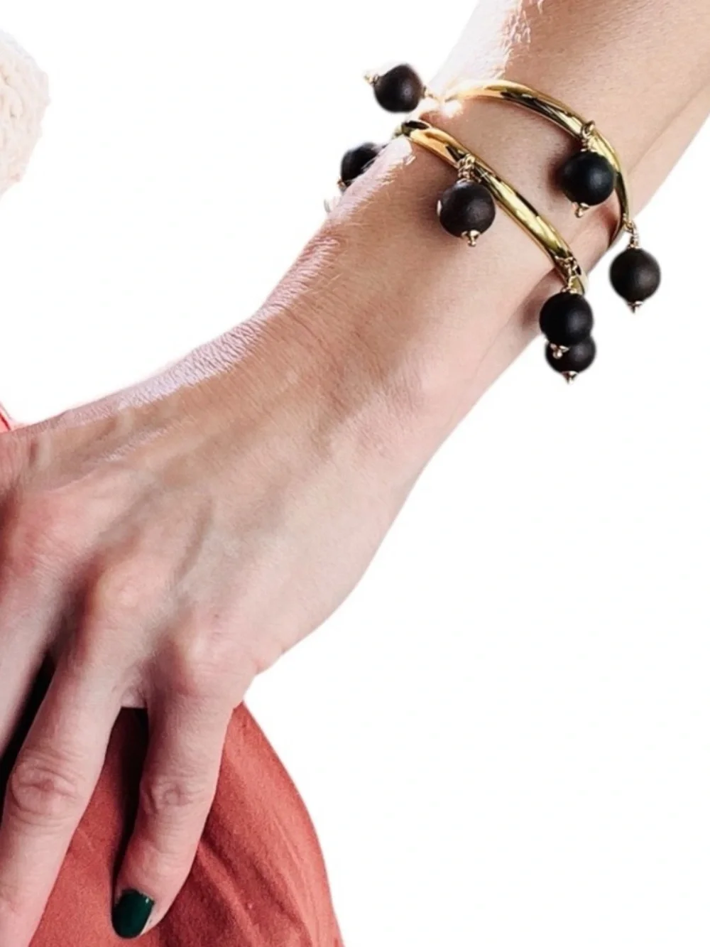 KATE SPADE Set of 2 Gold Cuffs with Wood Beads Second Nature Bracelet - Picture 4 of 12